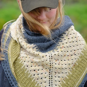 Könnte beinhalten: Ein gestrickter Schal in Blau-, Creme- und Grüntönen. Der Schal hat ein geometrisches Design mit Lochmustern und einem strukturierten Strickmuster. Die Farbpalette umfasst eine Mischung aus hellen und dunklen Tönen und schafft ein optisch ansprechendes Accessoire.