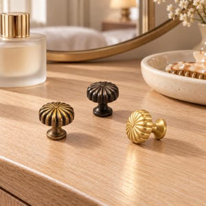 Fluted Pumpkin Cabinet Knobs, Gold, Antique Brass or Coffee Gold, Round Drawer Knobs, Vintage Dresser and Cupboard Hardware