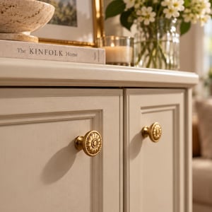 May include: Two round, brass-toned metal cabinet knobs with a detailed floral-inspired embossed pattern. The knobs are mounted on a light-colored, off-white wooden cabinet door with a recessed panel design and a smooth, matte finish.