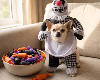 Gruseliges Clown-Hundekostüm, unheimliches Trage-Outfit für kleine Hunde und Katzen, lustiges Halloween-Kostüm, zwei Größen S und L
