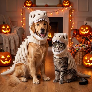 Könnte beinhalten: Ein Golden Retriever und eine getigerte Katze tragen passende beigefarbene Dinosaurierkostüme. Die Kostüme bestehen aus einer Kapuze mit weißen Zähnen und einem Rückenteil mit weichen Stacheln. Beide Tiere sitzen auf einem Holzboden.