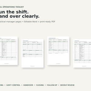 Könnte beinhalten: Ein Einzelhandels-Operations-Toolkit mit sieben Manager-Seiten mit schwarzem Text auf weißem Papier. Die Überschrift lautet: RETAIL OPERATIONS TOOLKIT, Run the shift. Hand over clearly. 7 practical manager pages • Editable Word + print-ready PDF.