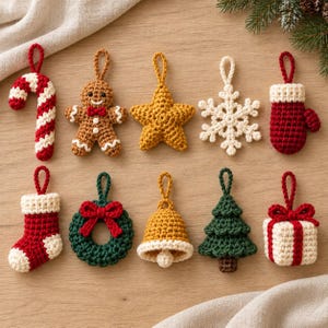 Patrón de ganchillo para adornos navideños | 10 adornos: estrella, copo de nieve, hombre de jengibre y más | PDF en alemán e inglés | Decoraciones para el árbol