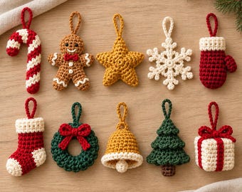 May include: A set of ten crocheted Christmas ornaments including a candy cane, gingerbread person, star, snowflake, mitten, stocking, wreath, bell, tree, and gift box. Each ornament features a hanging loop and is crafted in red, white, brown, green, and yellow yarn.