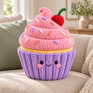Può includere: Un giocattolo a forma di cupcake all'uncinetto con una base viola a coste, una sezione centrale gialla e una parte superiore rosa a spirale decorata con zuccherini colorati e una ciliegia rossa. La base viola ha due occhi neri e un sorriso.