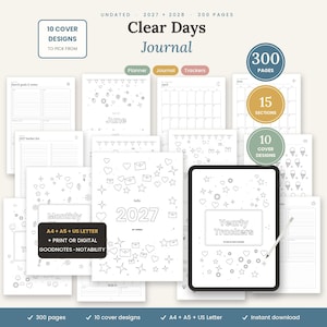 Peut inclure: Un journal numérique Clear Days comprenant 300 pages, 15 sections et 10 modèles de couverture. La mise en page inclut des calendriers non datés pour 2027 et 2028, des planificateurs mensuels et des suivis annuels avec des icônes linéaires.