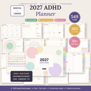 Puede incluir: Un planificador digital TDAH 2027 con 549 páginas con hipervínculos, 365 páginas diarias y más de 70 herramientas. La interfaz presenta un fondo crema con círculos pastel, calendarios mensuales, índices y listas de tareas. Compatible con Goodnotes, iPad, Android y PC.
