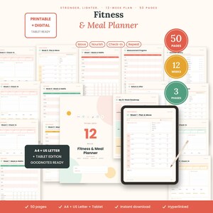 May include: A 12-week fitness and meal planner with 50 pages, available in A4 and US Letter sizes. The digital set includes a tablet-ready version, featuring various tracking templates for meals, habits, and progress, displayed on a tablet screen.