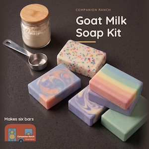 May include: A Goat Milk Soap Kit by Companion Ranch including a glass jar with a bamboo lid, a metal measuring scoop, and five rectangular soap bars with various designs including rainbow stripes, purple swirls, and colorful confetti sprinkles.