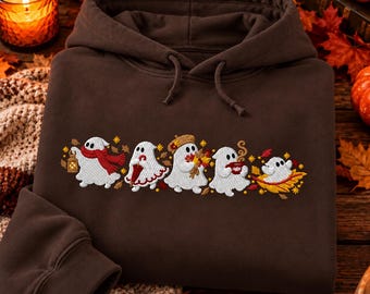 Felpa con cappuccio autunnale ricamata con fantasmi, felpa autunnale floreale, pullover comodo