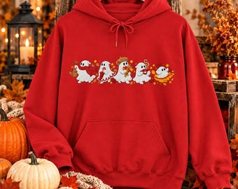 Embroidered Ghosts Autumn Hoodie, Floral Fall Sweatshirt, Cozy Pullover