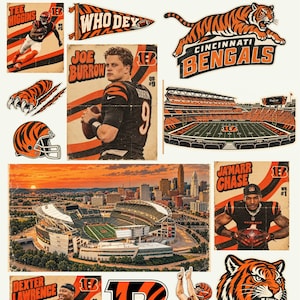 Pode incluir: Uma coleção de adesivos dos Cincinnati Bengals 2026-2027 com retratos dos jogadores Tee Higgins, Joe Burrow, Ja'Marr Chase e Dexter Lawrence, um mascote tigre, um estádio de futebol, um capacete e o texto Who Dey.