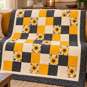 Beginner Sunflower Quilt Pattern PDF, Easy 80x80 Patchwork Quit ,Beginner Square Quilt , Floral Digital Download