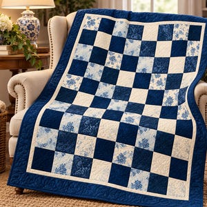 Modern Blue Blossom Patchwork Quilt Pattern PDF ,80x80 Blue Floral Square Quilt ,Beginner Sewing Pattern ,Easy Digital Download