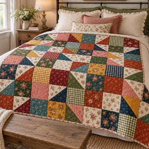Modello PDF per trapunta floreale vintage, trapunta patchwork a triangoli e mezzi quadrati, adatta ai principianti, 80x80 cm, download digitale immediato per cucito.