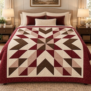 Può includere: Una trapunta con un motivo geometrico a stella nei toni del bordeaux, marrone scuro e crema. Il tessuto presenta un design trapuntato a piuma su tutta la superficie. La trapunta è posizionata su un letto con due grandi cuscini color crema e due cuscini bordeaux, completati da un piccolo cuscino rettangolare color crema.