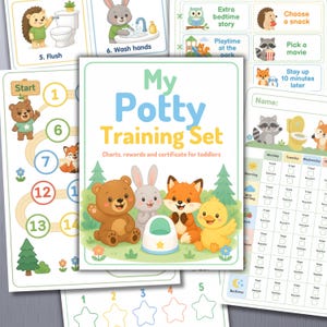 May include: A potty training set featuring a collection of colorful charts, reward sheets, and a certificate. The cover displays the text My Potty Training Set with illustrations of a bear, rabbit, fox, and chick around a small potty.