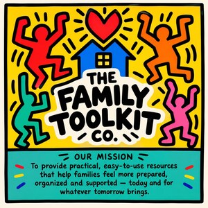 May include: A square graphic illustration with a yellow background featuring four colourful dancing figures, a blue house, and a red heart. The text reads THE FAMILY TOOLKIT CO. and includes a mission statement about providing practical family resources.