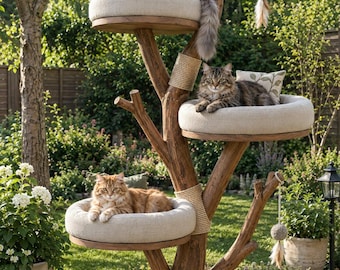 Nautural Wood Cat Tree Tower With Faux Fur Beds