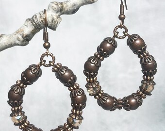 Antiqued Copper Beaded Hoop Earrings | Rustic Boho Dangle Jewelry, Earth Tone Statement