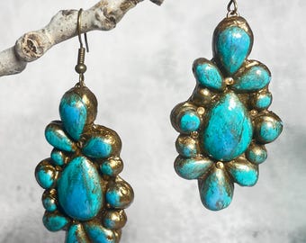 Clay Turquoise Cluster Earrings | Western Statement Dangle Earrings | Rustic Boho Jewelry | Southwestern Cowgirl Style