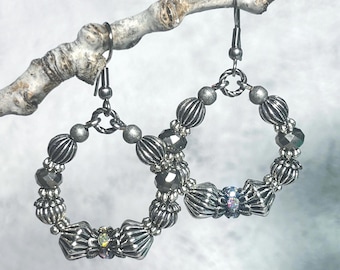 Silver Beaded Hoop Earrings | Crystal Bow Dangle Earrings | Elegant Statement Jewelry | Vintage-Inspired Boho Style
