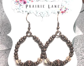 Bronze Beaded Teardrop Earrings | Rustic Boho Dangle, Earth Tone Statement Jewelry