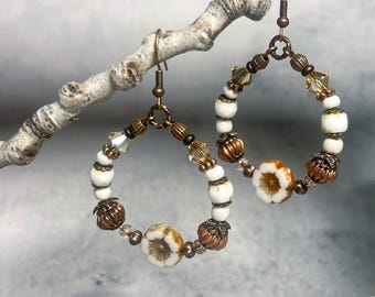Rustic Floral Hoop Earrings | Copper & Cream  Boho Western Jewelry | Handmade
