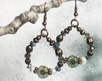 Copper & Aqua Floral Earrings | Handmade Boho Western Jewelry | Lightweight Dangle Earrings