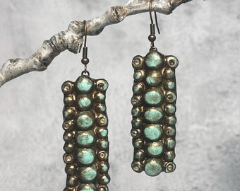 Clay Bronze & Mint Bar Earrings | Western Boho Handmade Dangle Earrings Rustic  Statement Jewelry
