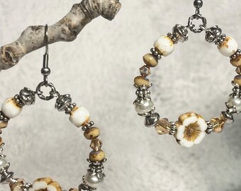 Neutral Floral Hoop Earrings | Czech Glass Beads, Silver-Tone, Boho Western Style