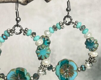 Turquoise Floral Hoop Earrings | Czech Glass Pearl Boho Statement Jewelry