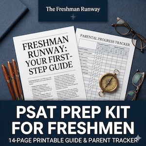 May include: A PSAT prep kit featuring a guide titled Freshman Runway: Your First Step Guide, a Parental Progress Tracker, three brown pens, and a gold compass. The kit includes a 14-page printable guide and parent tracker for high school students.