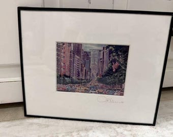 Vintage Michael J Leu Signed Framed New York Cityscape Print, Park Ave Pan Am Building Manhattan Watercolor Lithograph