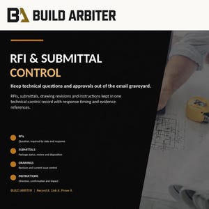May include: A digital marketing graphic for Build Arbiter RFI & Submittal Control featuring black and white text, orange accents, and a yellow measuring tape on architectural blueprints. The text includes RFI & Submittal Control, and lists RFIs, submittals, drawings, and instructions as key features.