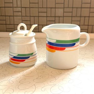 Vintage Studio Nova Hi-Fi Creamer & Sugar Bowl Set | Primary Gallery Japan – 1980s Colourful Geometric Serveware | Retro Kitchen Serveware