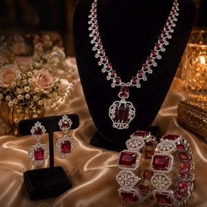 May include: A jewellery set featuring a necklace, a pair of earrings, and two bangles. Each piece contains deep red rectangular stones surrounded by clear white crystals set in a silver-toned metal. The necklace includes a large central pendant.