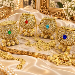 Hand Embellished Mini Potli Clutch with Decorative Stones, Gold Tone Chain & Hanging Tassels – Wedding Party Bag