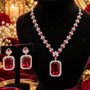 Red Rectangular Stone Necklace & Earrings Set | Sparkling Crystal Accents, Evening Wear