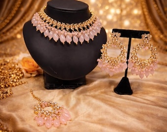 Pink Stone Bridal Jewelry Set | Gold-Tone Necklace, Earrings, Tikka (Pakistani Wedding)