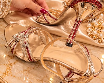 Hand-Embellished Gold Heels with Red Stones | Custom Decorated Strappy Heels | Statement Wedding & Party Shoes