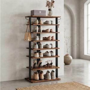 8-Tier Wooden Shoe Rack, Tall Narrow Entryway Organizer with Hooks (16 Pairs)