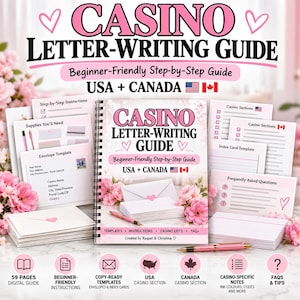 Puede incluir: Una guía de escritura de cartas de casino con encuadernación en espiral para EE. UU. y Canadá, con detalles florales rosas, iconos de corazones y sobres blancos. La guía incluye instrucciones paso a paso, plantillas y preguntas frecuentes.