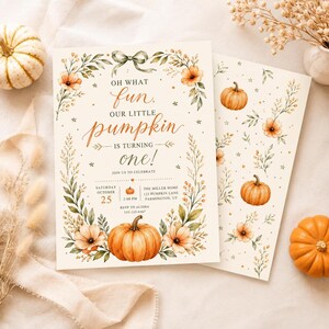 Oh What a Fun Pumpkin First Birthday Invitation, Little Pumpkin Turning One, Fall Birthday Party Invite, Floral Pumpkin Gingham Invitation