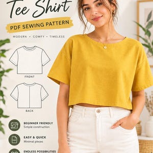 Peut inclure: Un patron de couture PDF pour un t-shirt boxy avec un haut jaune moutarde à manches courtes porté par un modèle. Le graphique inclut le texte SEW CREATE WEAR, BOXY Tee Shirt, PDF SEWING PATTERN, et SIZES XXS-6XL, avec des dessins au trait.