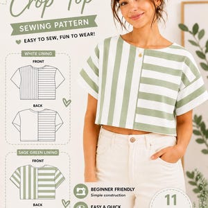 Peut inclure: Un patron de couture pour un haut court carré avec un motif à rayures vert sauge et blanc. Le patron inclut des schémas pour les vues avant et arrière avec des options de doublure blanche ou vert sauge, pour débutants, tailles XXS à 6XL.