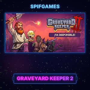 Może przedstawiać: Cyfrowa ilustracja do gry Graveyard Keeper 2 przedstawiająca brodatą postać trzymającą łopatę i czaszkę ze znakami dolara w oczach. Obok znajdują się osioł i dwie zielonoskóre istoty. Tekst zawiera napisy SPIFGAMES, GRAVEYARD KEEPER 2 oraz ¡YA DISPONIBLE! na tle fioletowego zachodu słońca.