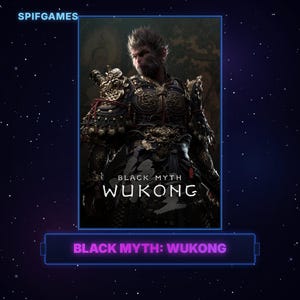 Puede incluir: Un póster digital del videojuego Black Myth: Wukong que muestra una figura central con rasgos de mono que viste una armadura ornamentada, oscura y con detalles dorados. El título Black Myth Wukong aparece en texto blanco sobre el pecho.
