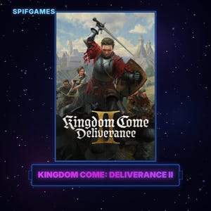 以下が含まれることがあります： Kingdom Come: Deliverance IIのビデオゲームカバー。中央には赤と銀の鎧を着て剣を掲げる騎士が描かれています。背景には中世の城があり、弓兵やクロスボウ兵などの他の人物も配置されています。タイトルは金色の文字で表示されています。