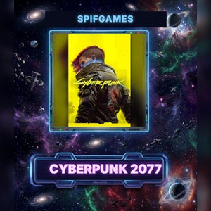 Può includere: Un display rettangolare con il testo SPIFGAMES in alto e CYBERPUNK 2077 in basso. La grafica centrale mostra un personaggio con cresta e giacca scura su uno sfondo giallo brillante con il logo Cyberpunk.